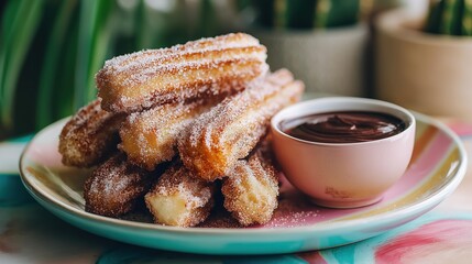 Deliciously golden churros dusted with cinnamon sugar, served with a rich chocolate dip. A warm, inviting treat perfect for sharing or indulging.