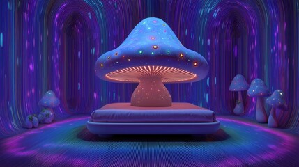 Futuristic healing pod in a vibrant, psychedelic wellness spa, radiating tranquility and serenity. A dreamlike atmosphere invites relaxation and rejuvenation.