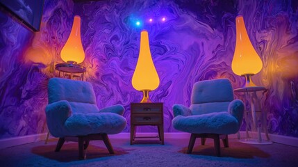 Psychedelic-inspired living room with vibrant 70s lava lamps, creating a groovy, nostalgic atmosphere perfect for relaxation and creativity. Evokes a sense of whimsy and retro charm.