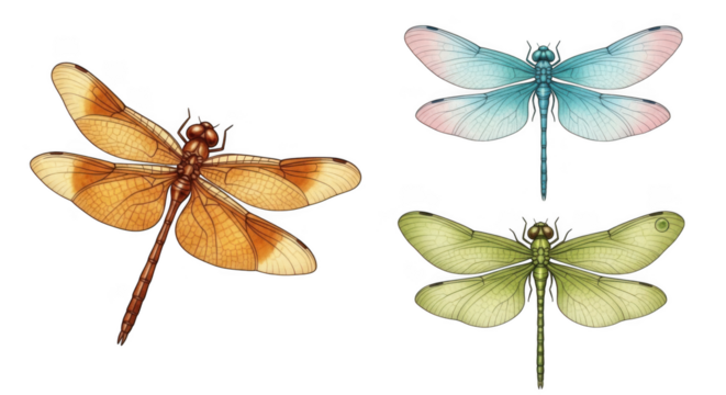 Vintage dragonfly illustrations in various colors on a transparent background