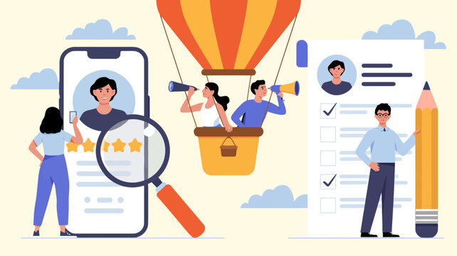 Illustration of recruitment and hiring process with job search and candidate selection
