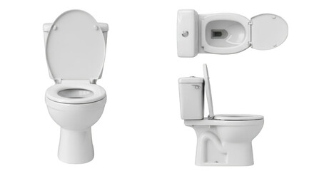 Three views of a white ceramic toilet isolated on transparent background