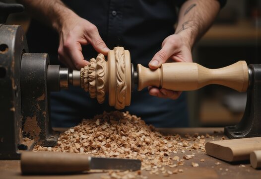 Wood turning lathe crafting decorative furniture legs with precision