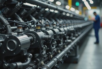 Naklejka premium Tractor assembly line featuring hydraulic component installation process