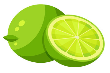 Bright citrus: fresh green limes and yellow lemon slices, some halved, isolated on white