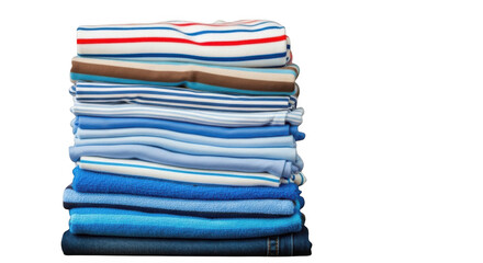 A neatly folded stack of blue and striped clothes isolated on transparent background
