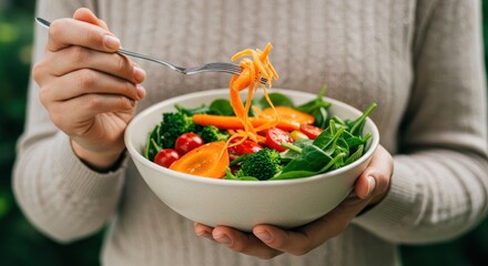 A Nourishing Bite: Woman's Hands Holding a Vibrant Bowl of Fresh Garden Salad