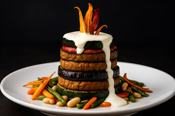 Stunning vegetable tower with creamy sauce, a delicious and healthy gourmet culinary creation