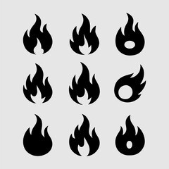 Set of Black Flame Icons with Minimalist Silhouettes on Light Background
