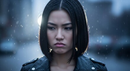 Young Asian Woman in Leather Jacket in Rain with Soft Bokeh Lights