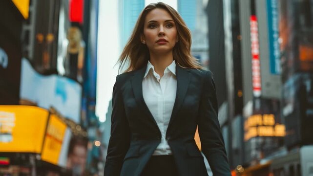 Amid the vibrant energy of Times Square, a confident woman strides purposefully through the crowded streets, illuminated by flashing billboards and the urban buzz of evening activity.