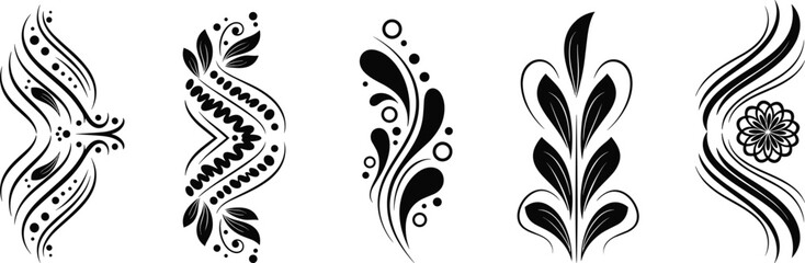 Ornamental vector design set, black and white patterns, floral motifs, tattoo art, decorative elements, symmetrical style, cad drawing flat vector illustration