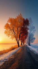 colorful autumn and winter landscape with road and trees at sunrise 