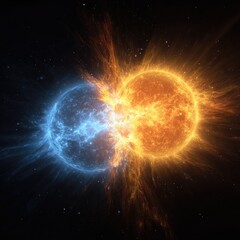 Obraz premium Cosmic Collision Opposing Celestial Bodies Collide in Space, Background Stars