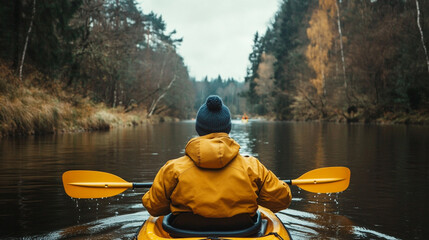 A person enjoying an eco-friendly activity, such as kayaking or hiking, with a focus on the importance of preserving natural habitats