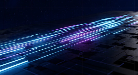 Abstract Hi-Tech Technology Background Neon Light Trails Geometric Shapes. Futuristic Tech AI Data Stream Speed and Innovation. Dark Cyberpunk Digital Connection