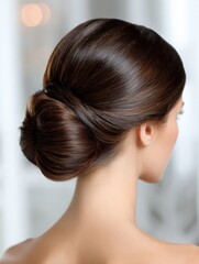Naklejka premium Elegant Chignon Hairstyle Showcases Smooth Hair in a Salon Setting With Beautiful Lighting and a Blurred Backdrop Perfect for Styling Inspiration