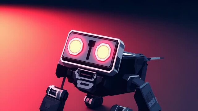Futuristic robot exploring dark environment with glowing eyes