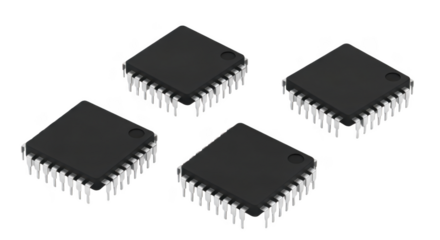 Four black microchips are isolated on transparent background