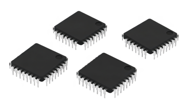 Four black microchips are isolated on transparent background