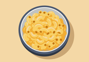 A bowl filled with macaroni and cheese sits on a beige surface with a subtle shadow