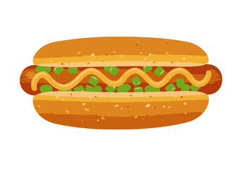 A cartoon hotdog is topped with relish and mustard