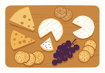A cheese board featuring cheeses crackers and grapes