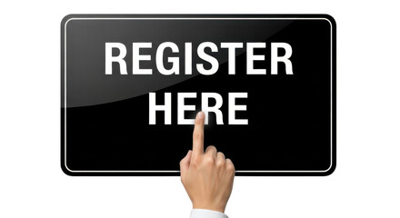 A finger points to a register here sign on a transparent background
