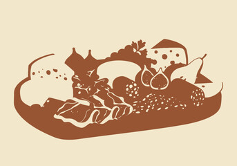 A cheese and charcuterie board filled with grapes figs pears salami and meat