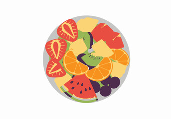 A colorful fruit salad with strawberries oranges kiwi watermelon grapes and pineapple in a light gray bowl