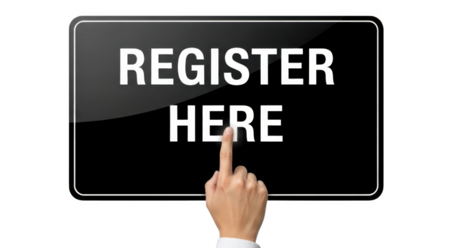 A finger points to a register here sign on a transparent background