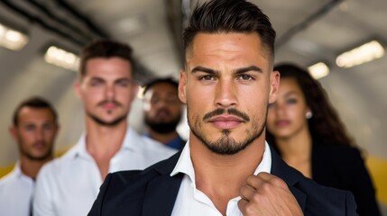 A stylish businessman poses confidently in a construction site tunnel, showcasing elegance amidst the raw industrial backdrop.