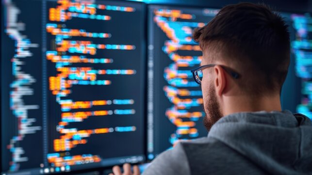 A programmer stands against a backdrop of source code, representing the synergy between tech, security, and data.