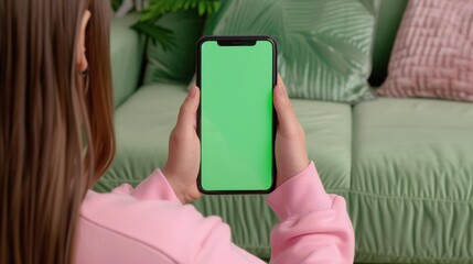 Teen sits on a sofa, engrossed in their smartphone with a vibrant green screen behind, embodying social media engagement.