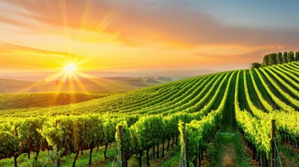 Fototapeta premium Experience the calm of a vineyard at sunrise, with rows of lush grapevines creating a tranquil escape in nature.