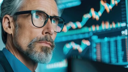 Professional man with glasses reviews crucial market data on his computer, focusing on business growth and finance trends in the office.