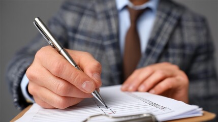 A businessman reviews a checklist, filling out a digital survey form to gather essential feedback for his company.