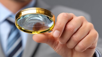 A businessman inspects quality standards with a magnifying glass, ensuring excellence in management and control processes.