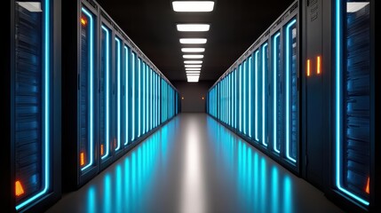Experience a hightech server room with vibrant data streams, exuding speed, power, and innovation in a sleek, modern design.