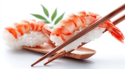 Experience the taste of fresh, juicy shrimp sushi, perfectly crafted and ready to enjoy with chopsticks on a sleek white backdrop.