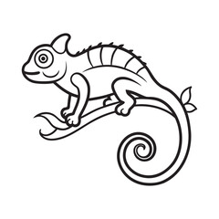 Stylized Black and White Chameleon Sitting on a Branch with a Curled Tail and Leafy Accent Vector Illustration
