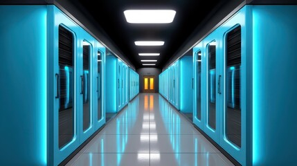 A modern secure server room featuring advanced security measures, showcasing layers of protection and hightech equipment.