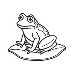 Charming Black and White Line Art Vector Illustration of a Cute Frog Sitting Comfortably on a Large Green Leaf