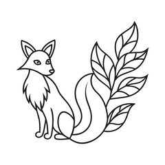 Stylized Sitting Fox with Bushy Tail and Leafy Branch Outline Illustration