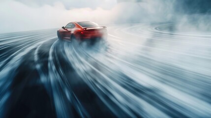 Obraz premium Red sports car drifting on wet road