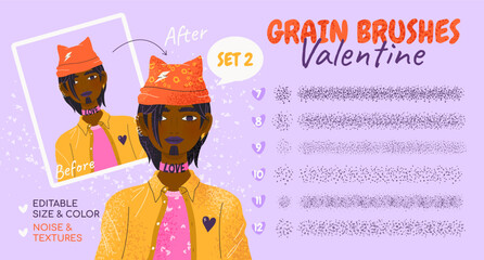 Grain scatter brushes. Romantic collection with noise effect, grunge textures, paint splashes, halftone. Grainy design kit with basics and brush strokes. Swatches included. Editable size and color.