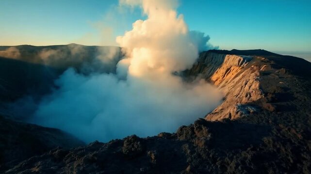 Aerial view of a volcano crater filled with smoke under a clear blue and orange sky at dawn landscape video