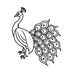 Elegant Peacock Bird with Ornate Feathered Tail in Simple Line Art Style