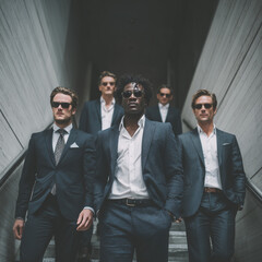 A group of men in suits are walking up a staircase. The men are all wearing sunglasses and appear to be posing for a photo. Scene is professional and formal, as the men are dressed in suits and ties
