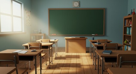 Sunlit Anime Classroom with Empty Desks and Nostalgic Glow